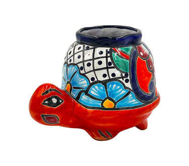 Mexican Talavera Corona Turtle Planter Pot Hand Painted - Red Body